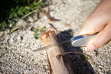 Person Sawing Wood with Multitool Pocket Knife - obrazy, fototapety, plakaty