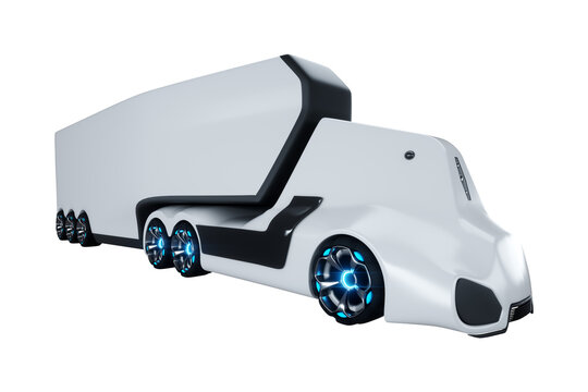 Autonomous, electric, self-driving truck with trailer isolated on white background. Transportation without drivers, technologies of the future. 3D render, 3D illustration.