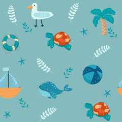 Blue whale with coral in the sea Cute cartoon background seamless pattern The design used for Textile, Clothing Pattern, Print, Wallpaper, Vector Illustration