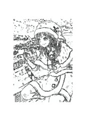 Fototapeta na wymiar Anime Sketch A beautiful girl in stylish clothes and a New Year's hat. New Year and Christmas, Santa Claus. Fashion Style. Beautiful girl wearing Santa Claus clothes