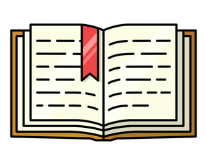Book. Minimalistic icon in cartoon style. Vector flat illustration of an open book with a bright bookmark between the pages. Acquisition of knowledge in school. Education, fiction.
