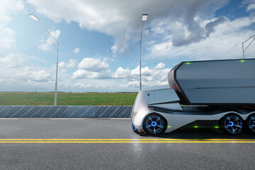 Unmanned autonomous cargo transportation. An autonomous, electric, self-driving truck with a trailer moves along the road. Fast cargo delivery, transportation without drivers.