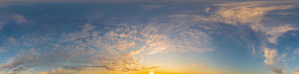 Naklejka na ściany i meble Dark blue sunset sky panorama with golden Cirrus clouds. Seamles