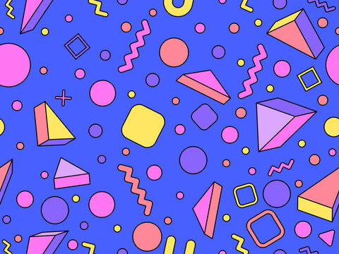 Geometric seamless pattern with memphis elements in 80s style. 3d geometric shapes with stroke. Colorful background. Design of promotional products, wrapping paper and printing. Vector illustration