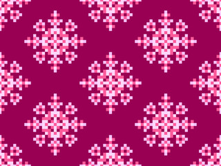 Pixel snowflakes seamless pattern. Christmas winter background in pixel art style. 8 bit graphics in the style of video games of the 80s. Vector illustration
