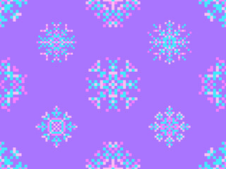 Pixel snowflakes seamless pattern. Christmas winter background in pixel art style. 8 bit graphics in the style of video games of the 80s. Vector illustration