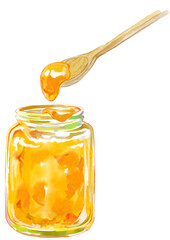 黄色いジャムが入ったビンとスプーンの水彩イラスト(透過PNG)
