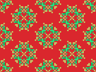 Pixel snowflakes seamless pattern. Christmas winter background in pixel art style. 8 bit graphics in the style of video games of the 80s. Vector illustration