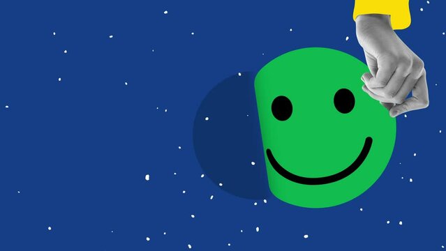 Stop motion, animation. Male hand turning off sticker from negative to positive mood. Emotions and feelings.