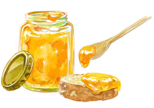 黄色いジャムが入ったビンとスプーンとバケットの水彩イラスト(透過PNG)
