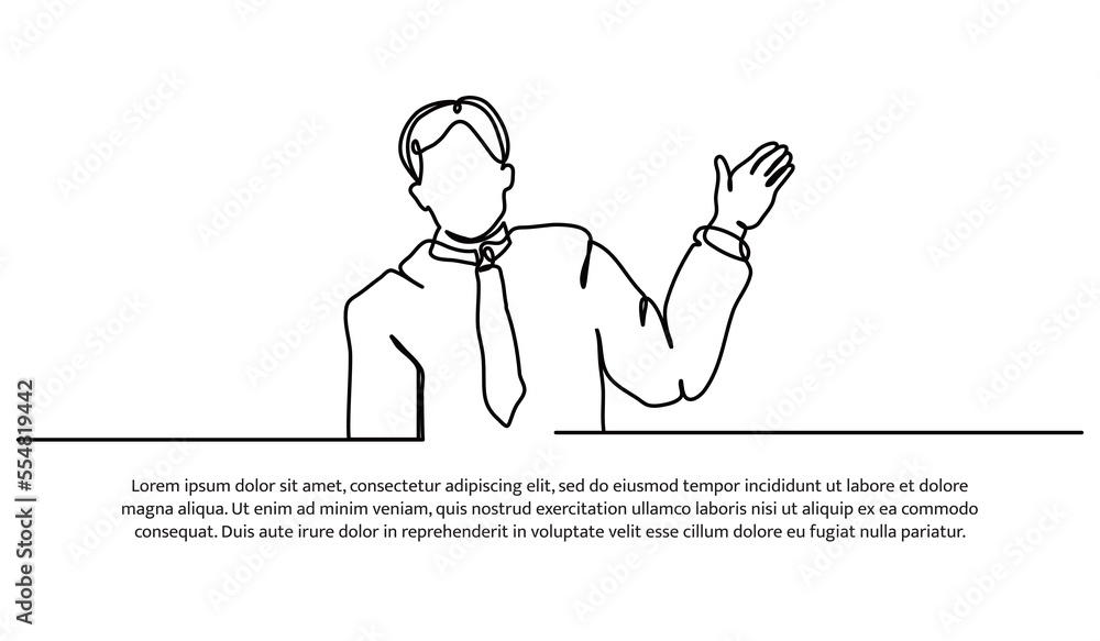 Poster continuous line design of a man waving. gesture greet hello. decorative elements drawn on a white ba