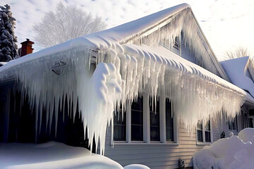 Fototapeta Snow-covered house and huge white icicle on house on edge of roof obraz