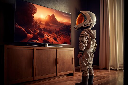 Little boy wearing space helmet stands in front of tv. Generative art