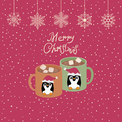 Fototapeta na wymiar Beautiful Christmas card. Cute penguins in kawaii style on mugs.