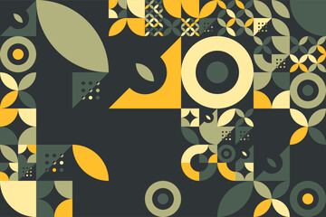 Geometric pattern design with vibrant circle, petals, dots in green and yellow color. Abstract background design