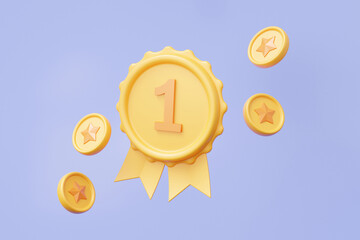 Golden coin with number one and coins floating on pastel background. Warranty icon, Best award game assurance premium quality guarantee concept. Cartoon minimal. 3d rendering illustration - obrazy, fototapety, plakaty