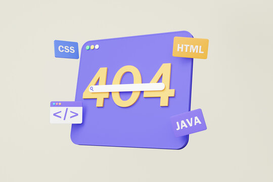 Search web browser error, 404 page not found, System maintenance updates concept. coding program software development, banner website. 3d render illustration. Minimal cartoon style