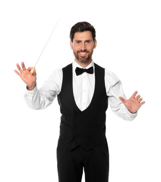 Happy professional conductor with baton on white background