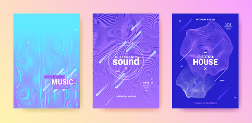 Dance Music Flyer Set. Electro Party Cover. Vector Edm Background. Gradient Distort Lines. Blue Purple Dance Music Flyer. Futuristic Fest Banner. Techno Sound Poster. Dance Music Flyer.