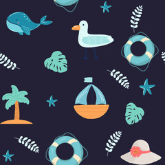 Blue whale with coral in the sea Cute cartoon background seamless pattern The design used for Textile, Clothing Pattern, Print, Wallpaper, Vector Illustration