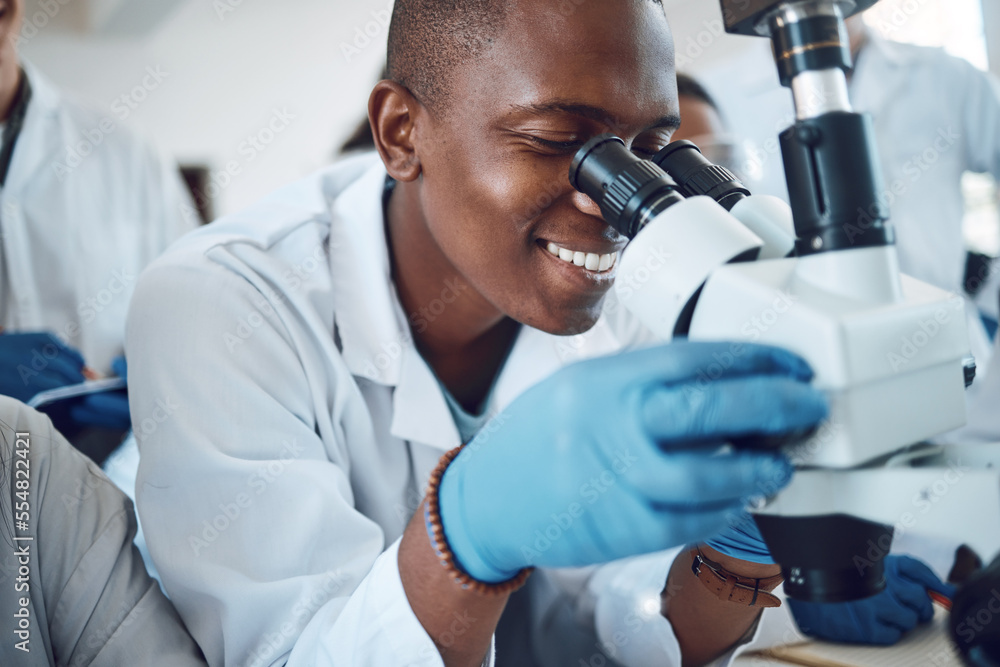 Poster science, microscope and students learning in class, classroom physics and happy with research in a l