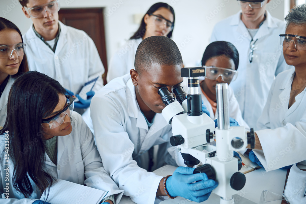 Wall mural teamwork, collaboration and group of scientists with microscope for experiment. science, laboratory 