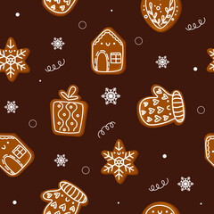 Various tasty gingerbread cookies. Hand drawn colored vector seamless pattern. Holiday trendy illustration.