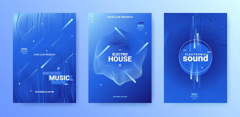 Techno Sound Flyer Set. Electro Music Poster. Party Dance Cover. Abstract Dj Background. Vector Techno Sound Flyers. Geometric Festival Banner. Gradient Distort Lines. Edm Techno Sound Flyer.
