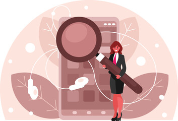 Search music on smartphone. Smartphone with headphones. Listening to music. Phone screen with apps. A businesswoman holds a huge magnifying glass in his hands. Search concept. Vector graphics