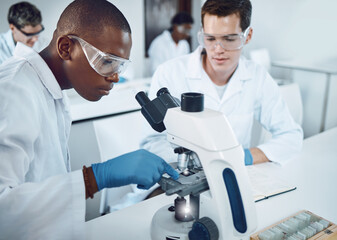 Science, laboratory and team doing research with microscope for medical discovery, analytics and...