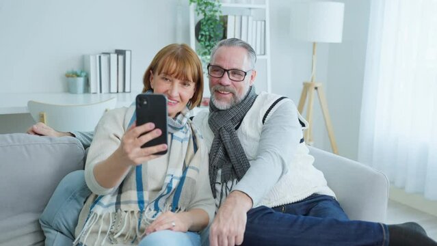 Caucasian senior couple video call with family in living room at home. 
