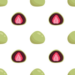 Vector seamless pattern with green tea mochi with strawberry. White background with japanese traditional matcha dessert. Asian food.