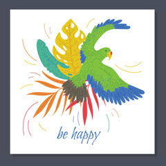 Card design with tropical parrot bird and wish text, flat vector illustration.