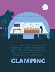 Overnight stay and rest in glamping for tourists camping in nature, flat vector.