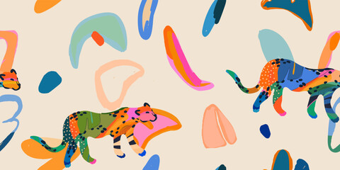 Cute hand drawn abstract leopards and shapes print. Creative collage contemporary seamless pattern. Fashionable template for design.