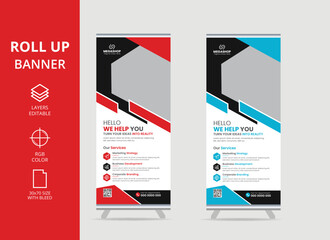 Design of vector white roll-up banners with round, square, diagona