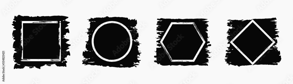 Poster assorted black frames with brush strokes isolated on white background. vector, 2023
