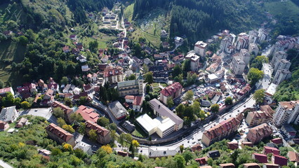 Aerial drone view of ATV quads on a dirt trail in forests. Off-road group team club enthusiasts...