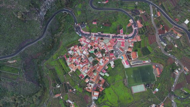 Aerial view of mountain village Agulo around Mirador de Abrante on La Gomera island. Beautiful village on island