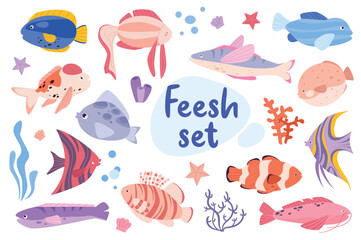 Fish isolated elements set in flat design. Bundle of colorful fishes in different types, starfishes and seaweeds. Cute seabed sea and ocean creatures and marine underwater plants. Vector illustration.