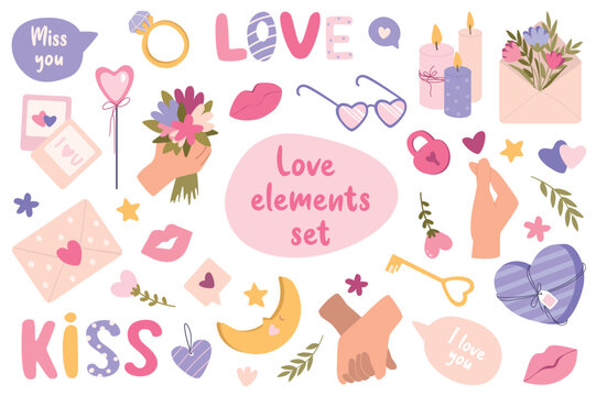 Love and romantic isolated elements set in flat design. Bundle of hearts, proposal rings, chat bubbles, photo, gift, flowers, kiss, glasses, candles, letter, valentines and other. Vector illustration.