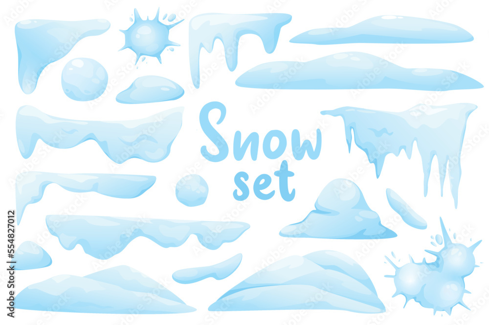 Poster snow isolated elements set in flat design. bundle of different shapes and borders of snow caps with 