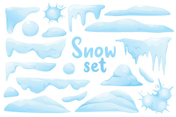 Fototapeta premium Snow isolated elements set in flat design. Bundle of different shapes and borders of snow caps with icicles, snowballs and snow spots and snowdrift pile in white and blue colors. Vector illustration.