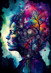 Nature, thoughts and woman becoming one, formating thoughts and respect of nature, watercolor, woman profile,  beautiful illustration, illustration, generated art, 