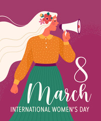 8 March greeting card concept. Vector cartoon illustration for International Women's Day in a flat style of standing in profile and protesting young woman with long hair. Isolated on background