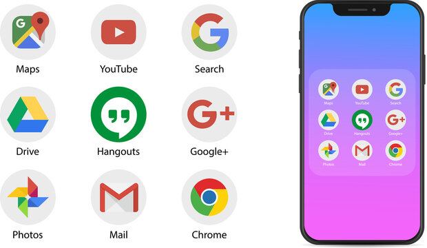 Google Apps symbols on screen iPhone. Official logotypes of Google applications symbols. Kyiv, Ukraine - Dec 19, 2022