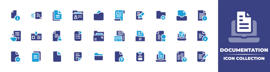 Documentation icon collection. Vector illustration. Containing document, documents, add, inbox, files, id, form, file, laptop, copy, question, contract, and more.