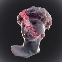 Concept illustration from 3D rendering of a sliced cut classical style head sculpture made of marble and fleshy pink and red fluids on the inside and isolated on dark background.