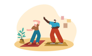 Cartoon happy senior man and woman doing yoga, tai chi exercises or qigong for healthy flexible body. Aged people recreation and hobby. Elderly characters do physical activities together at home.