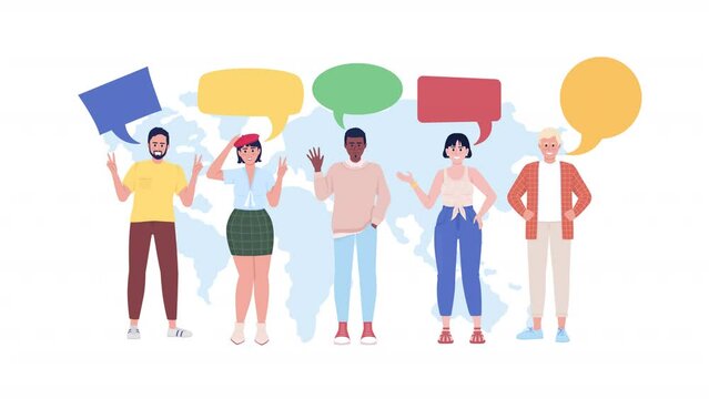 Animated international group concept. Looped 2D cartoon flat characters on white with alpha channel transparency for web design. HD video footage. Foreign community creative idea animation